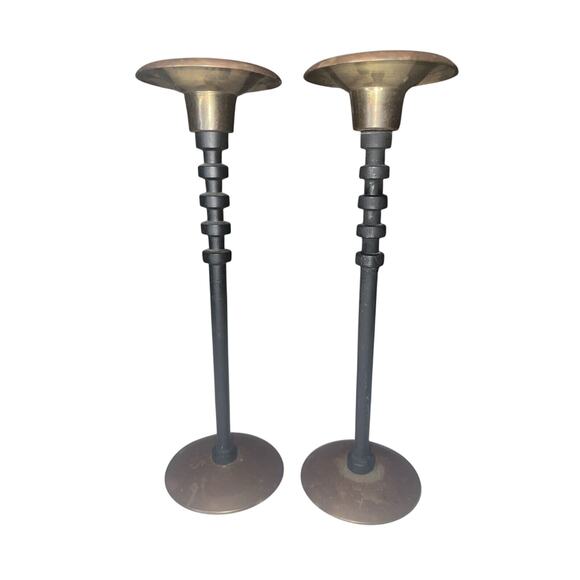 Pair of Vintage Mcm Gatco Brass And Black Candlestick 9 3/4 Inches Rare Design  - Picture 1 of 6